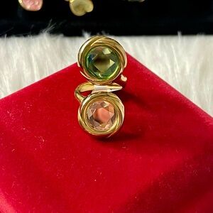 Elegant Gold Plated Green & Pink Gemstone Ring
